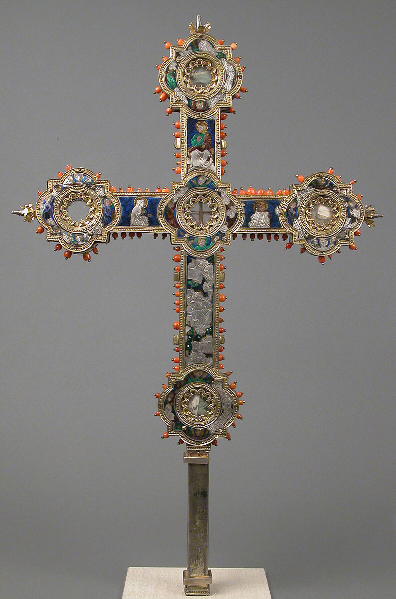 Reliquary Cross, Translucent enamel, silver, silver-gilt, coral, glass, rock-crystal, gold leaf, Italian 