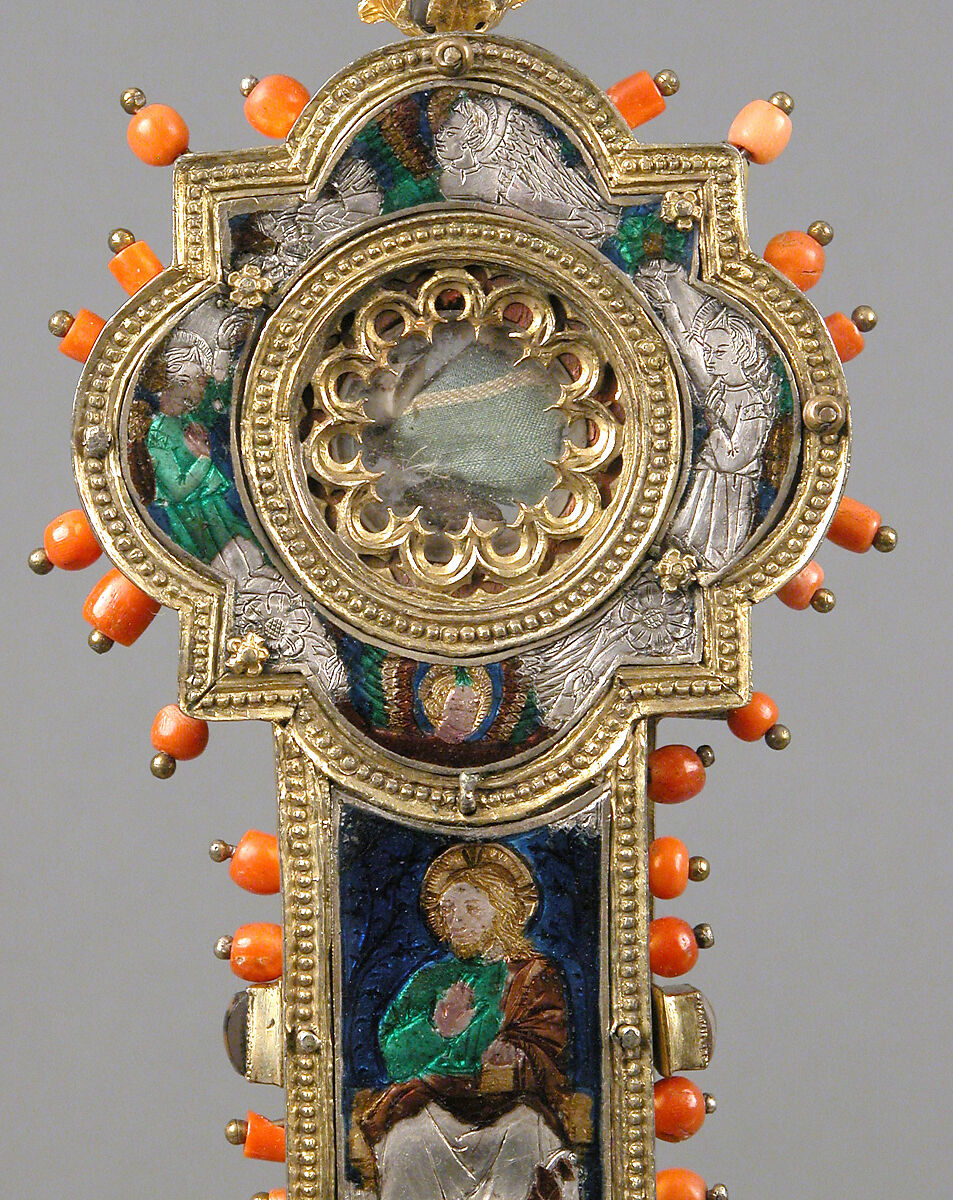 Reliquary Cross, Translucent enamel, silver, silver-gilt, coral, glass, rock-crystal, gold leaf, Italian