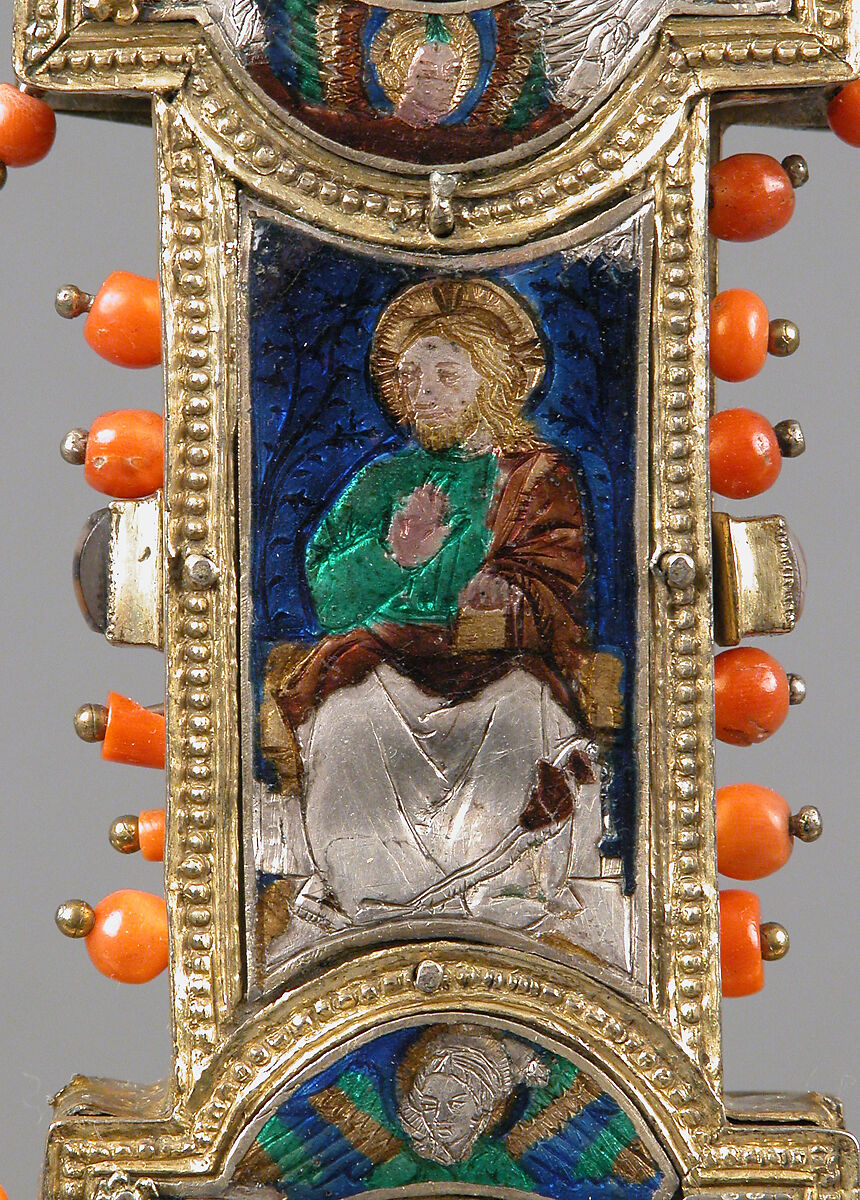 Reliquary Cross, Translucent enamel, silver, silver-gilt, coral, glass, rock-crystal, gold leaf, Italian