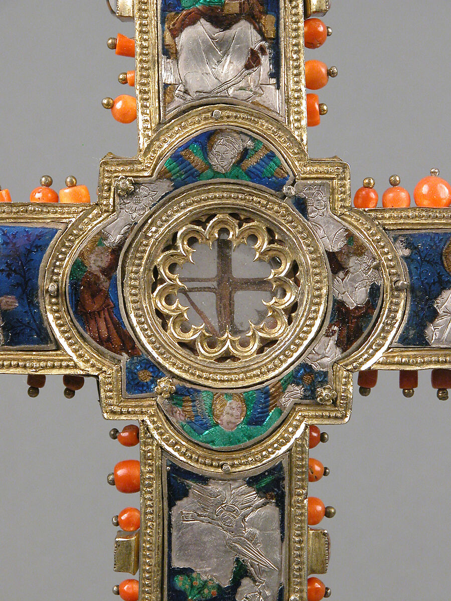 Reliquary Cross, Translucent enamel, silver, silver-gilt, coral, glass, rock-crystal, gold leaf, Italian