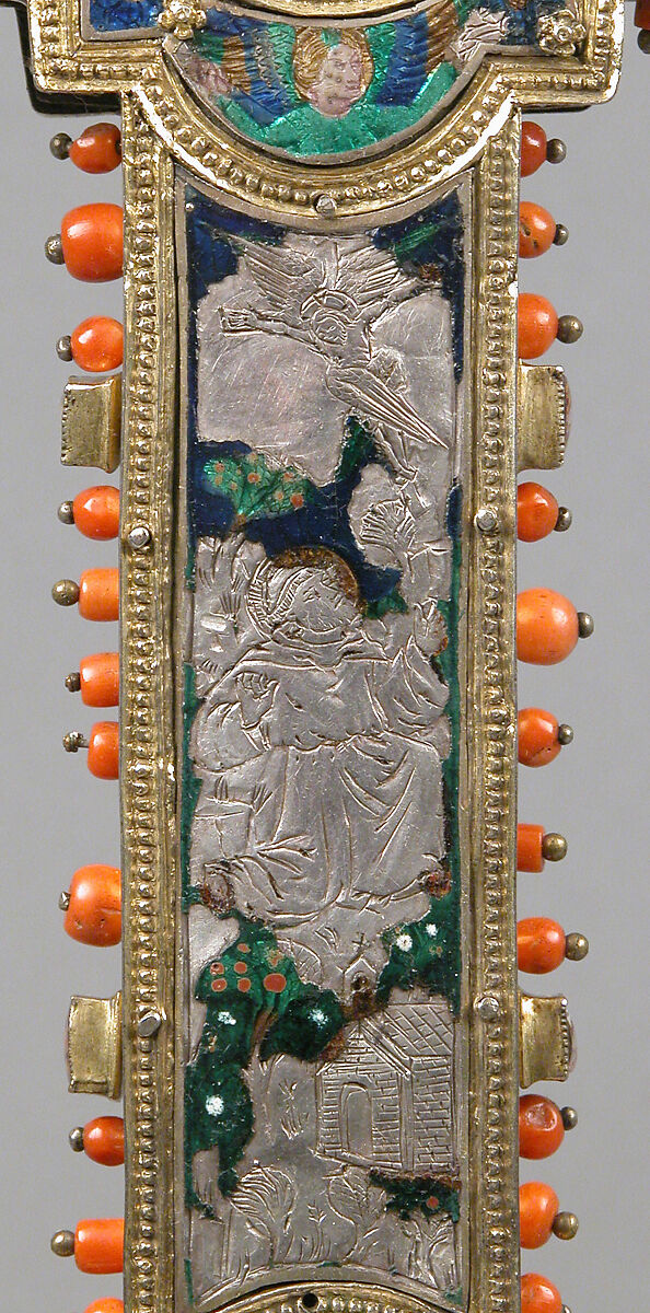 Reliquary Cross, Translucent enamel, silver, silver-gilt, coral, glass, rock-crystal, gold leaf, Italian
