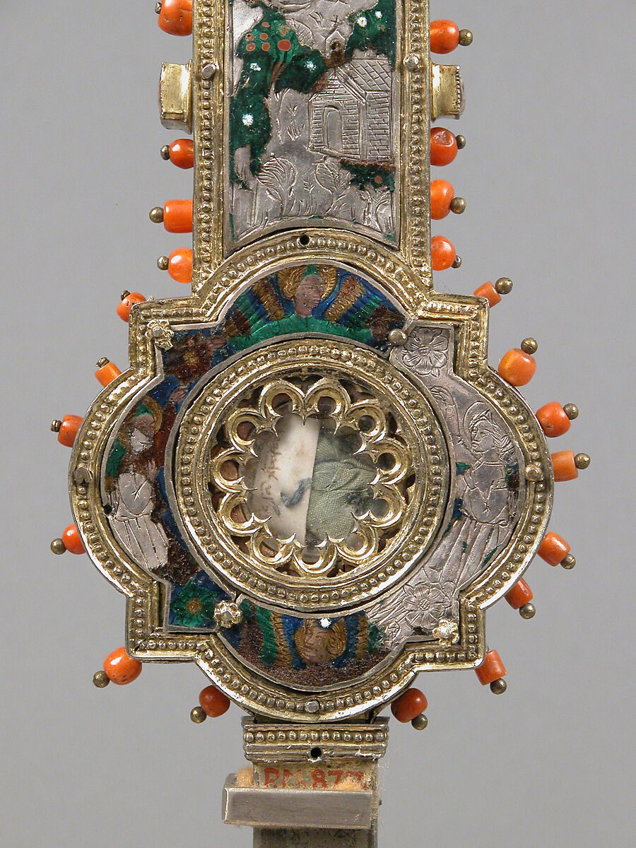 Reliquary Cross, Translucent enamel, silver, silver-gilt, coral, glass, rock-crystal, gold leaf, Italian