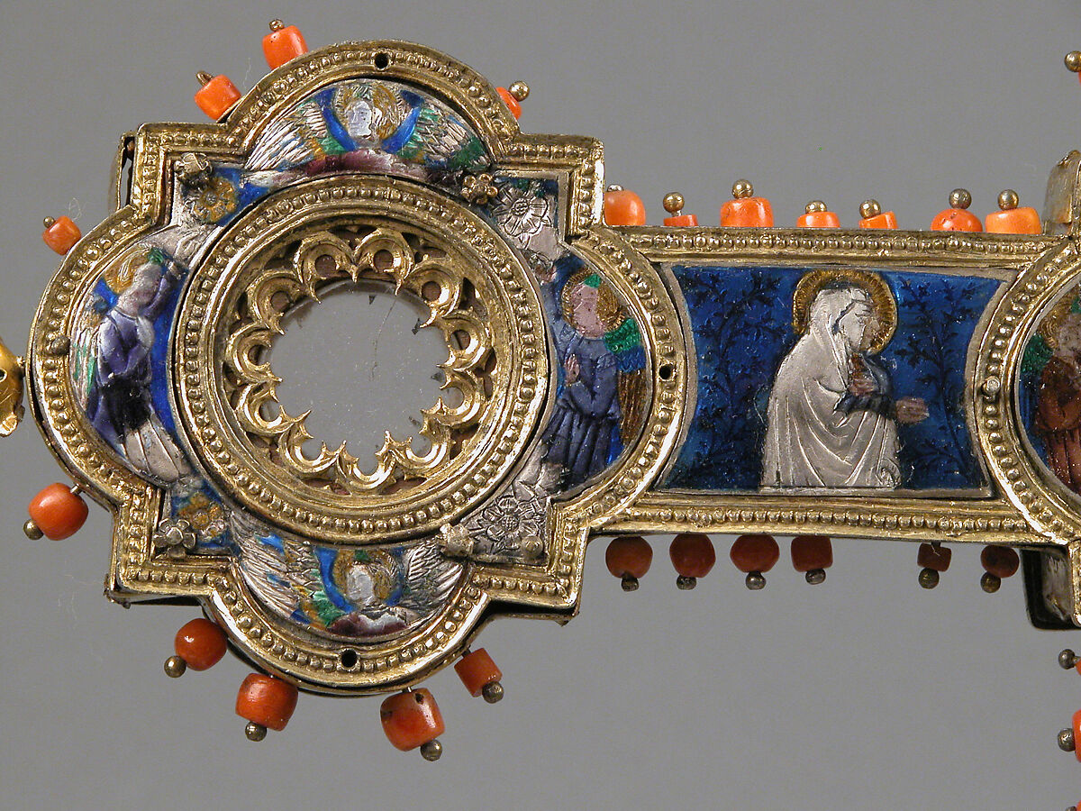 Reliquary Cross, Translucent enamel, silver, silver-gilt, coral, glass, rock-crystal, gold leaf, Italian
