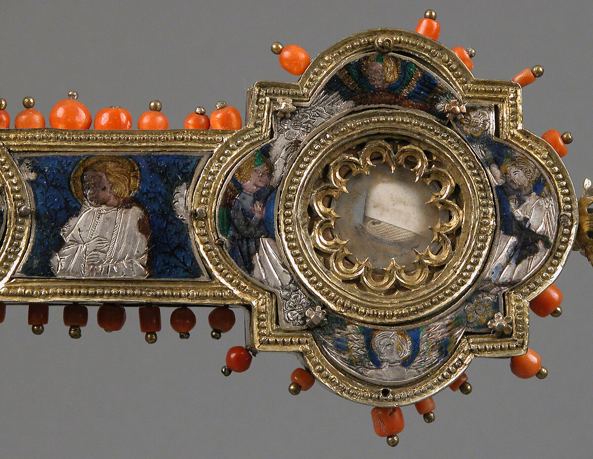 Reliquary Cross, Translucent enamel, silver, silver-gilt, coral, glass, rock-crystal, gold leaf, Italian