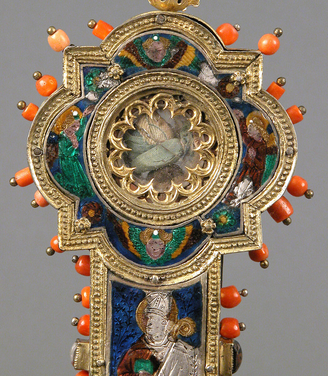 Reliquary Cross, Translucent enamel, silver, silver-gilt, coral, glass, rock-crystal, gold leaf, Italian