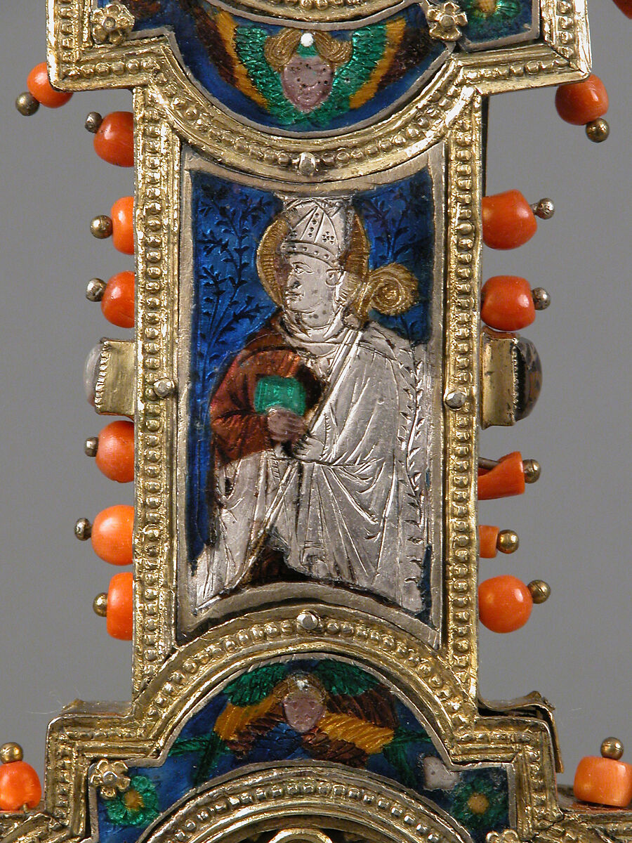 Reliquary Cross, Translucent enamel, silver, silver-gilt, coral, glass, rock-crystal, gold leaf, Italian