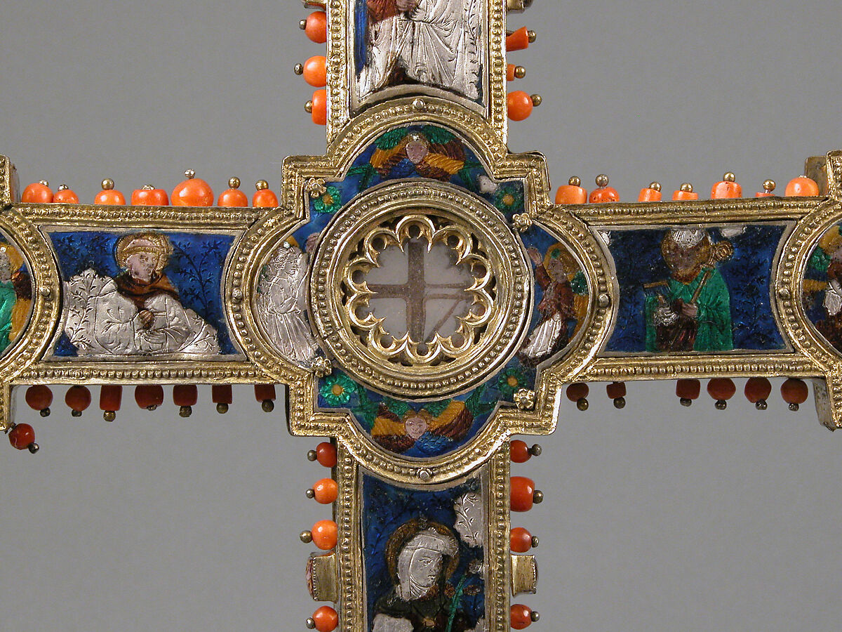 Reliquary Cross, Translucent enamel, silver, silver-gilt, coral, glass, rock-crystal, gold leaf, Italian