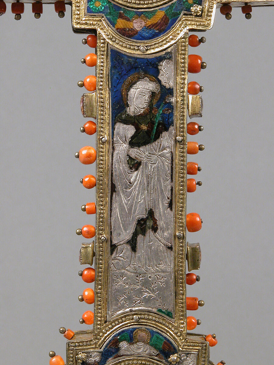 Reliquary Cross, Translucent enamel, silver, silver-gilt, coral, glass, rock-crystal, gold leaf, Italian