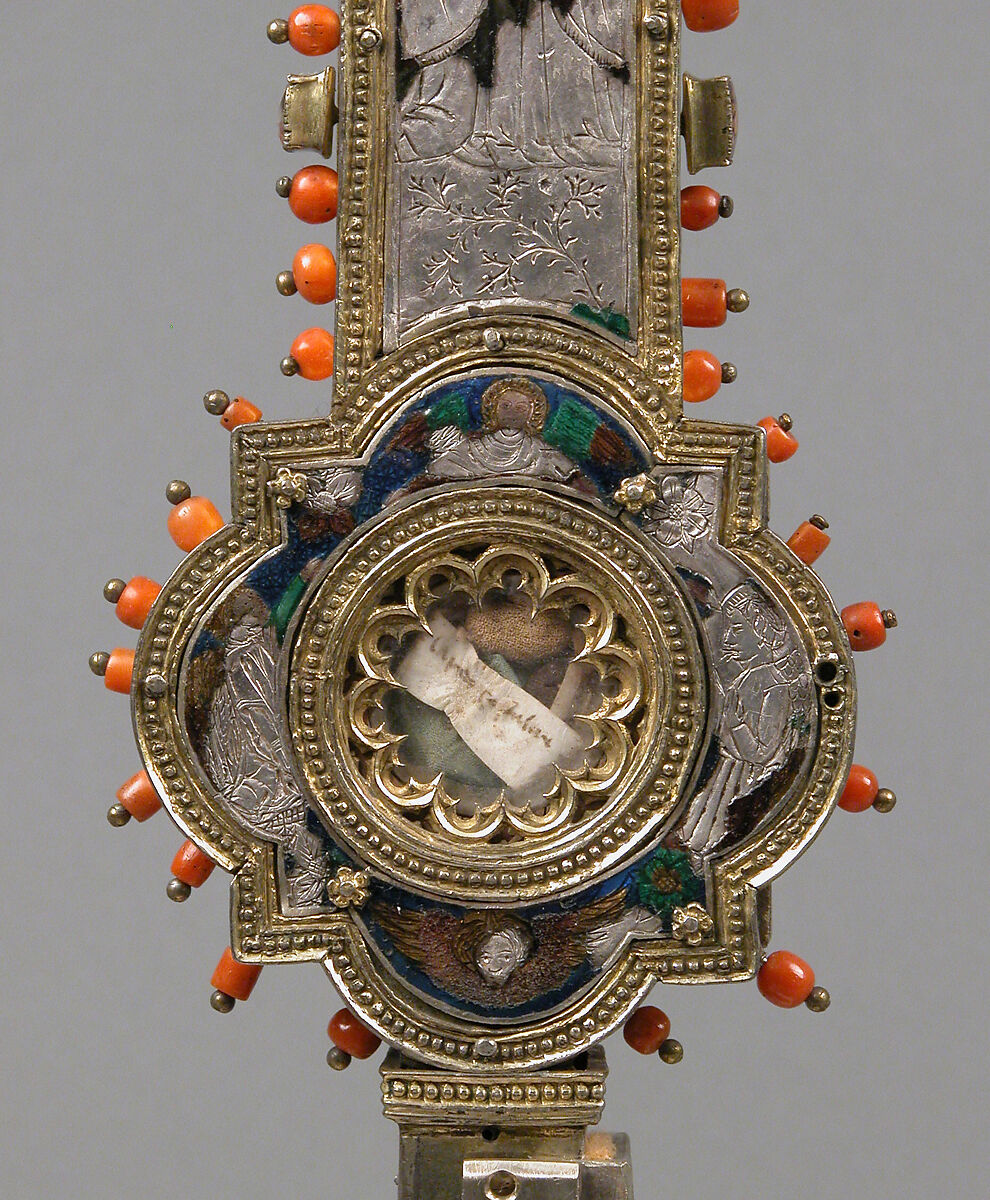 Reliquary Cross, Translucent enamel, silver, silver-gilt, coral, glass, rock-crystal, gold leaf, Italian