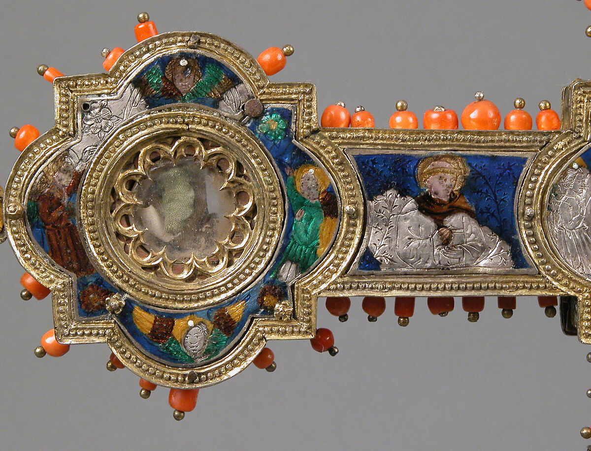 Reliquary Cross, Translucent enamel, silver, silver-gilt, coral, glass, rock-crystal, gold leaf, Italian