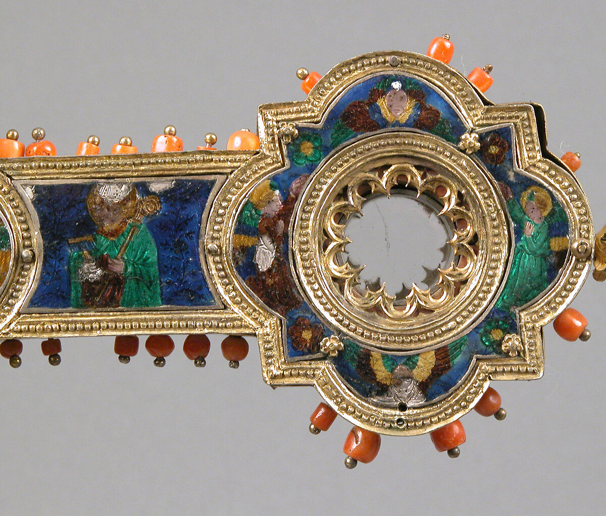 Reliquary Cross, Translucent enamel, silver, silver-gilt, coral, glass, rock-crystal, gold leaf, Italian