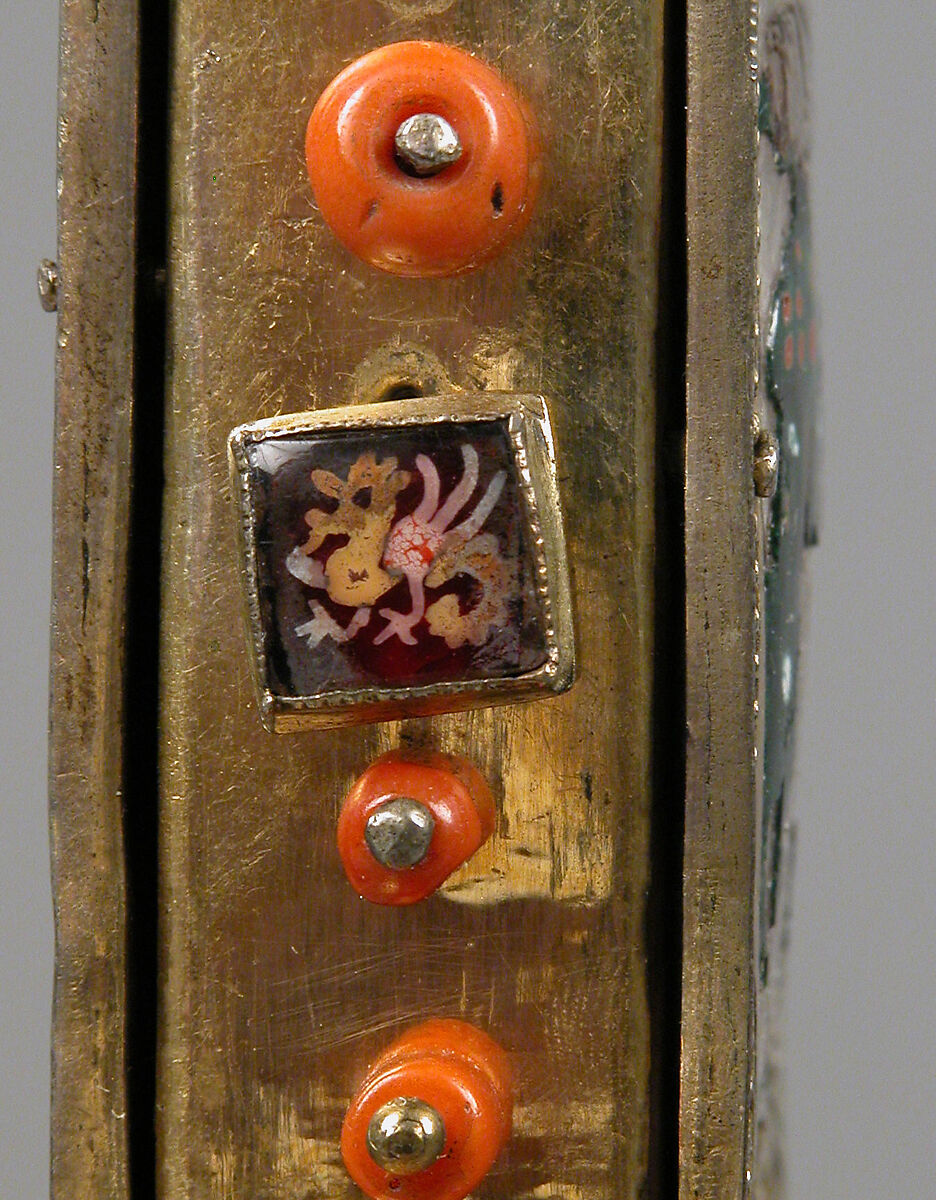 Reliquary Cross, Translucent enamel, silver, silver-gilt, coral, glass, rock-crystal, gold leaf, Italian