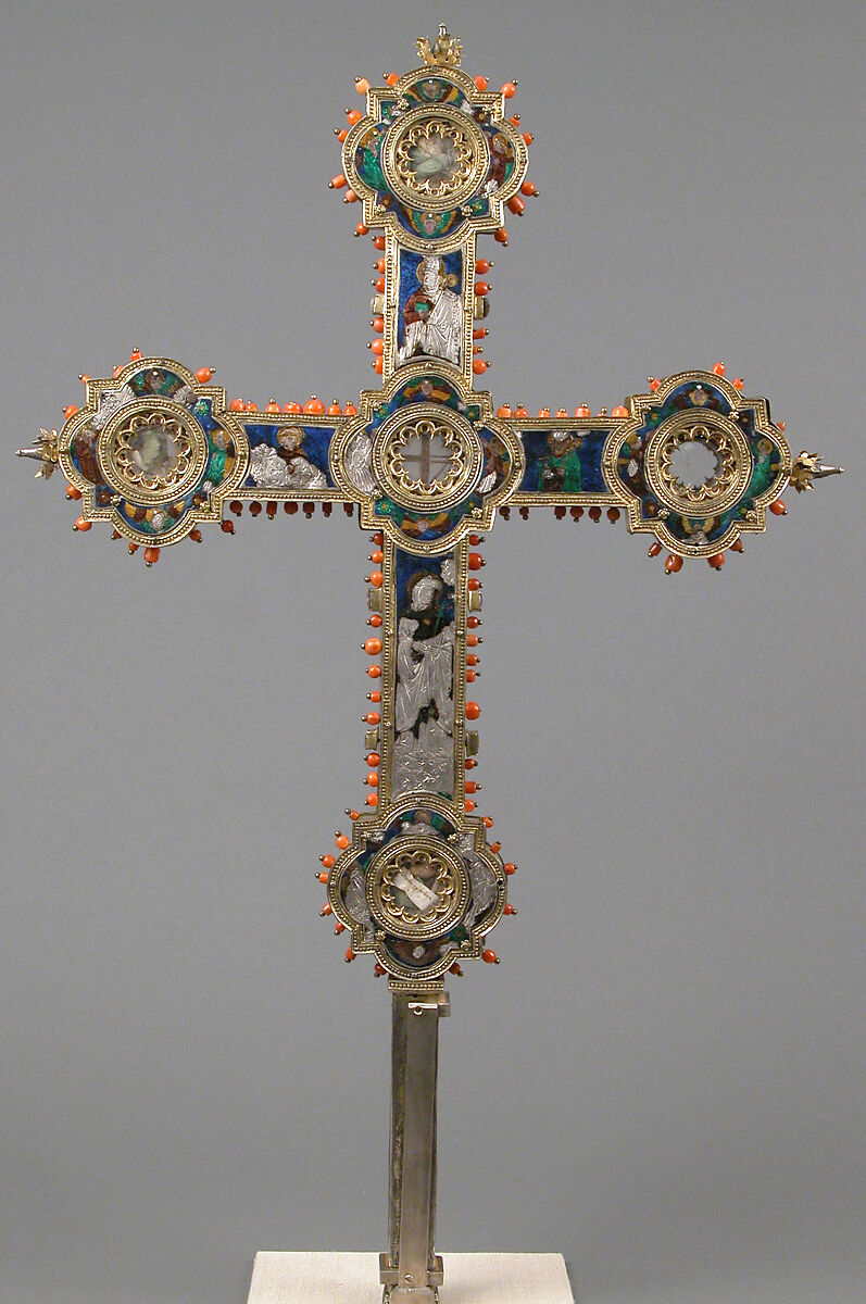 Reliquary Cross, Translucent enamel, silver, silver-gilt, coral, glass, rock-crystal, gold leaf, Italian