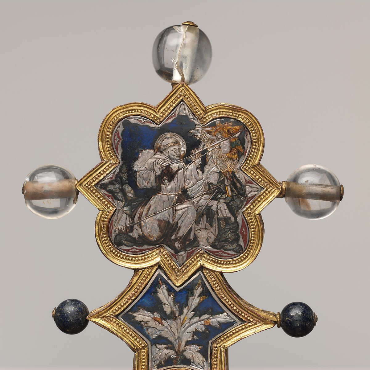 Reliquary Cross, Translucent enamel, silver, silver-gilt, rock crystal, glass, iron tang, Italian