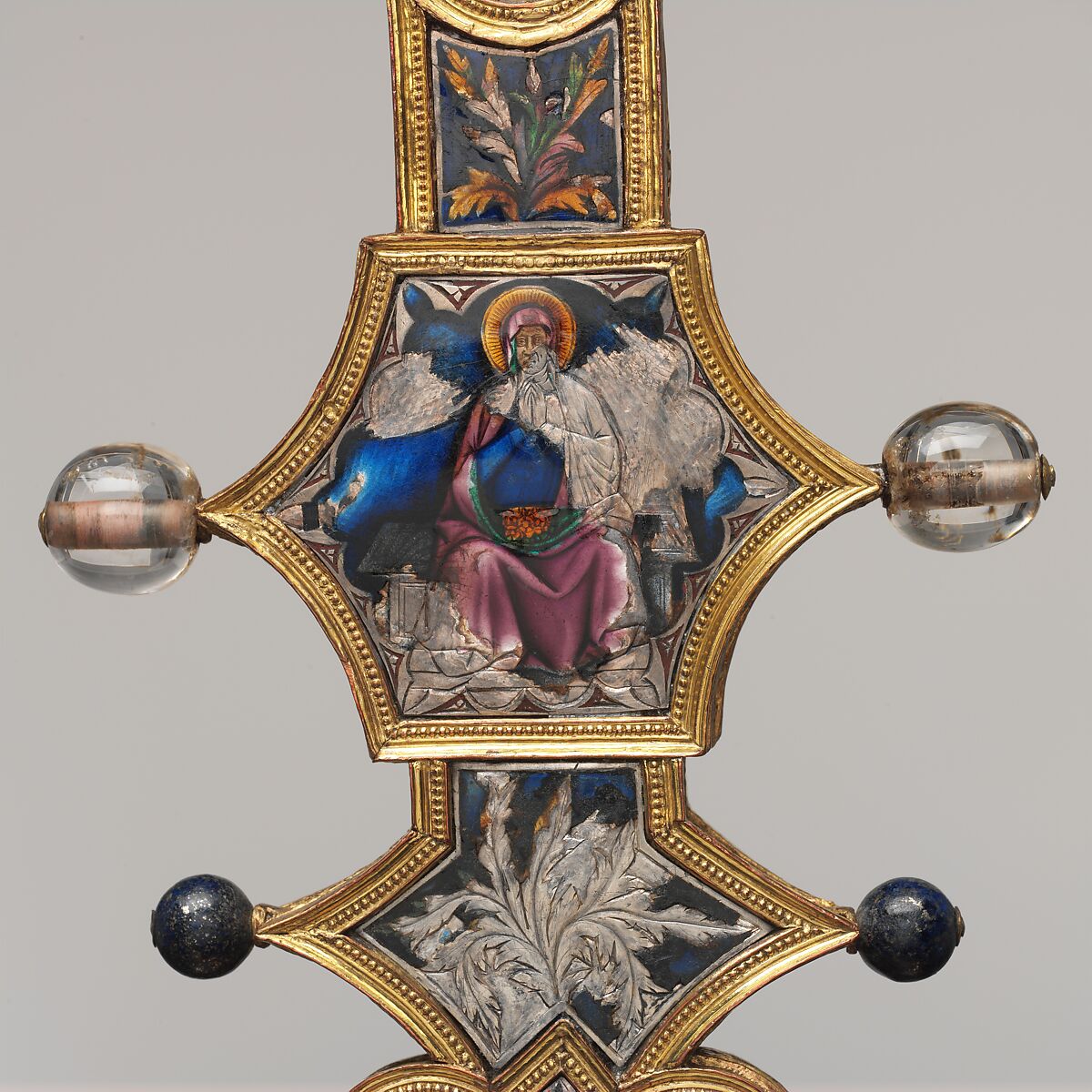 Reliquary Cross, Translucent enamel, silver, silver-gilt, rock crystal, glass, iron tang, Italian