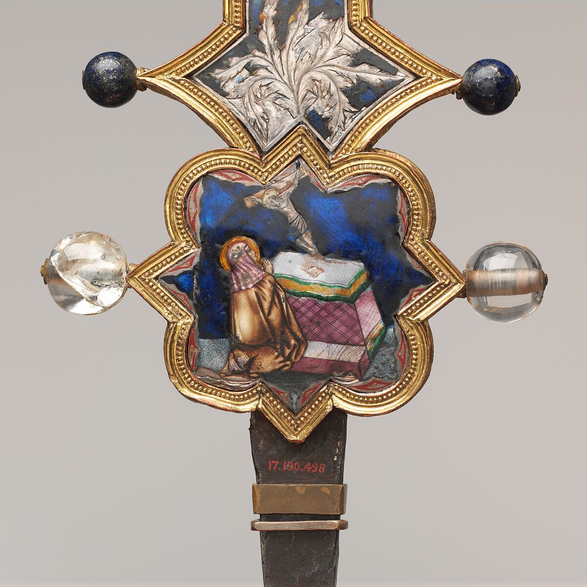 Reliquary Cross, Translucent enamel, silver, silver-gilt, rock crystal, glass, iron tang, Italian