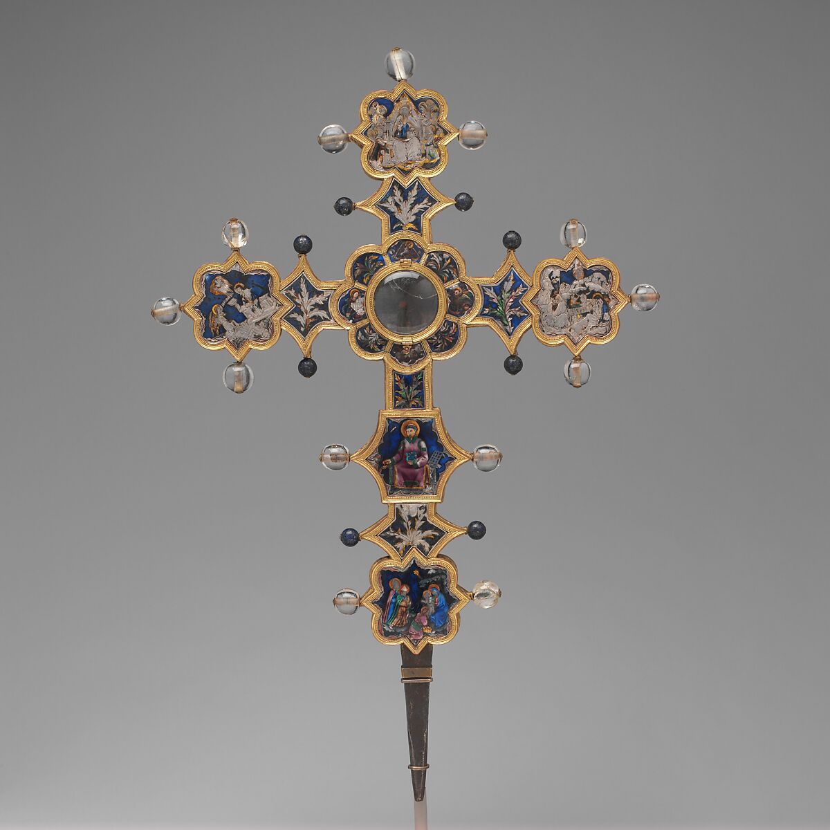 Reliquary Cross, Translucent enamel, silver, silver-gilt, rock crystal, glass, iron tang, Italian