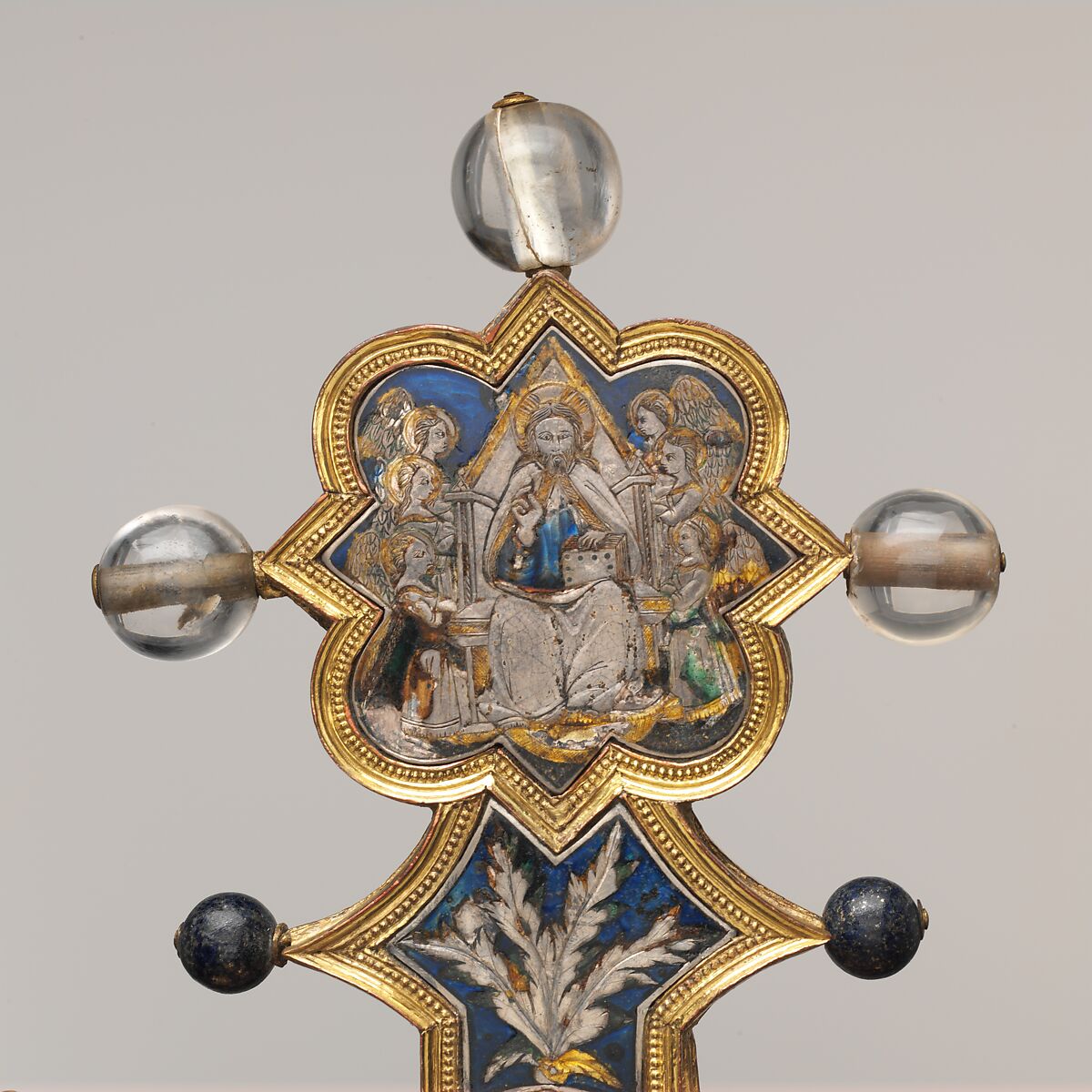 Reliquary Cross, Translucent enamel, silver, silver-gilt, rock crystal, glass, iron tang, Italian