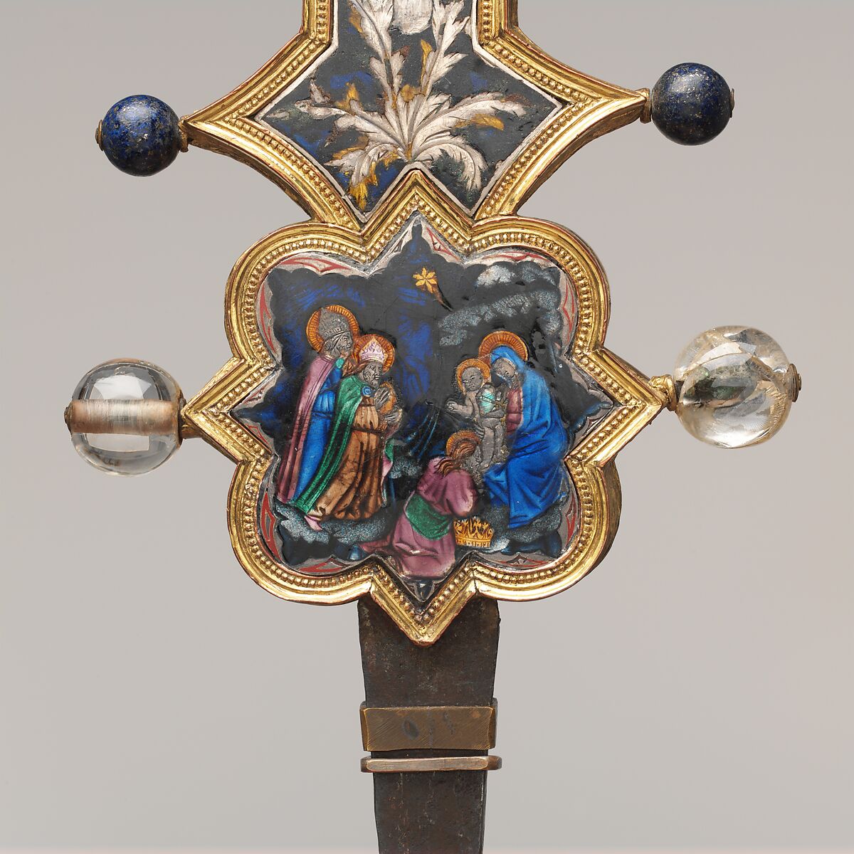 Reliquary Cross, Translucent enamel, silver, silver-gilt, rock crystal, glass, iron tang, Italian
