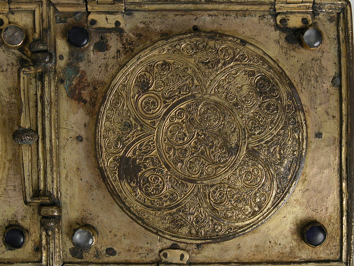 Casket, Copper-gilt, glass cabochons, French