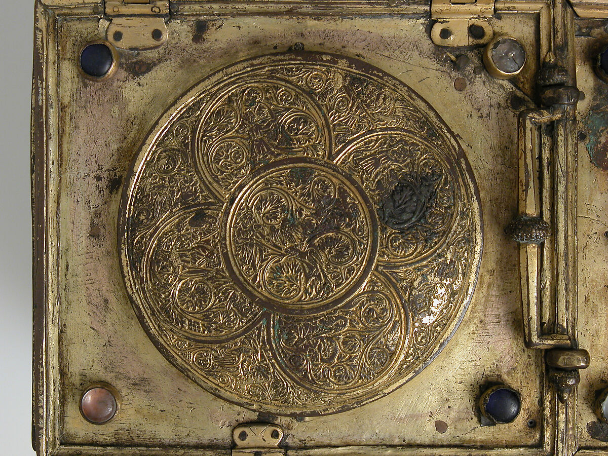 Casket, Copper-gilt, glass cabochons, French