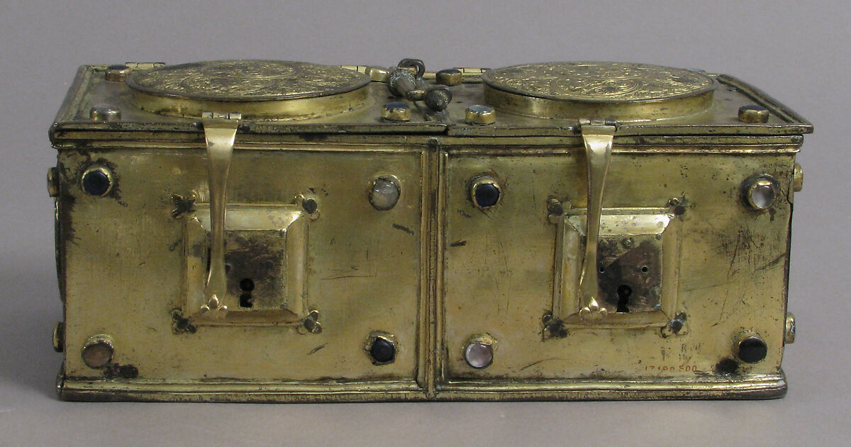 Casket, Copper-gilt, glass cabochons, French
