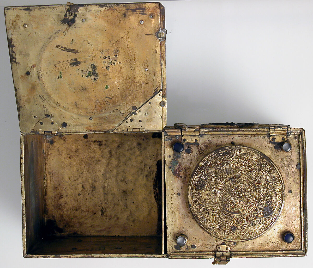 Casket, Copper-gilt, glass cabochons, French