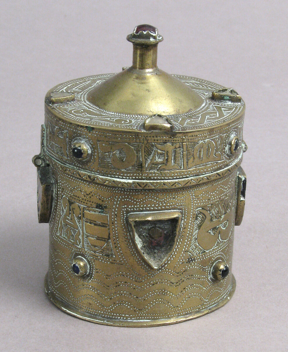 Pyx, Copper-gilt, glass, gold glass, Franco-Sicilian