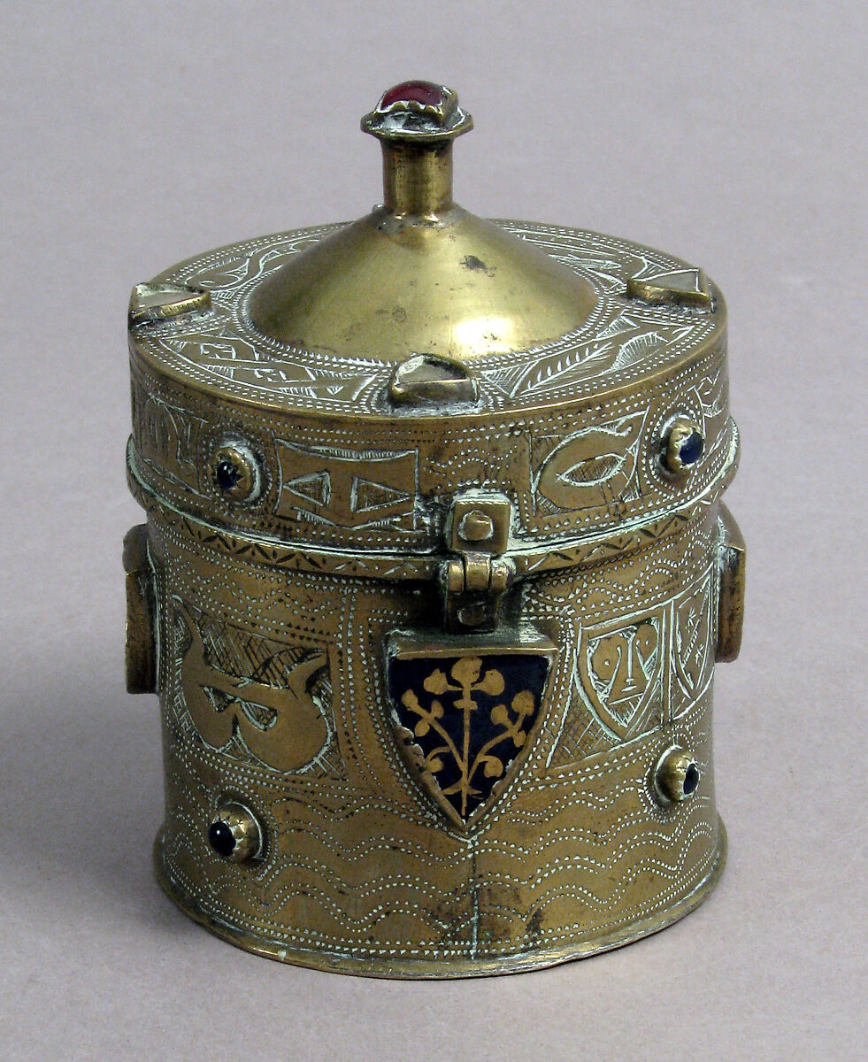Pyx, Copper-gilt, glass, gold glass, Franco-Sicilian