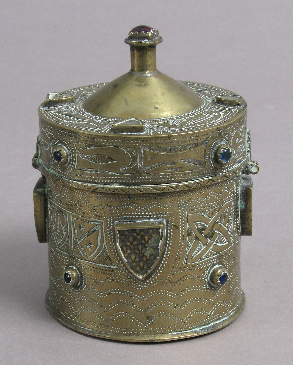Pyx, Copper-gilt, glass, gold glass, Franco-Sicilian