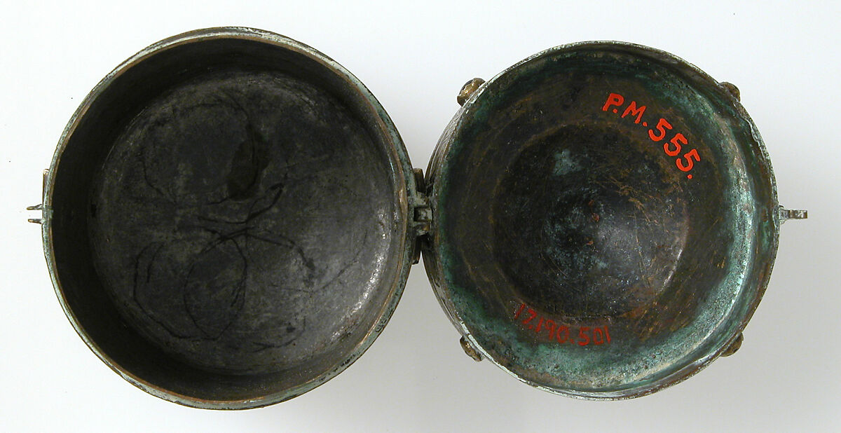 Pyx, Copper-gilt, glass, gold glass, Franco-Sicilian