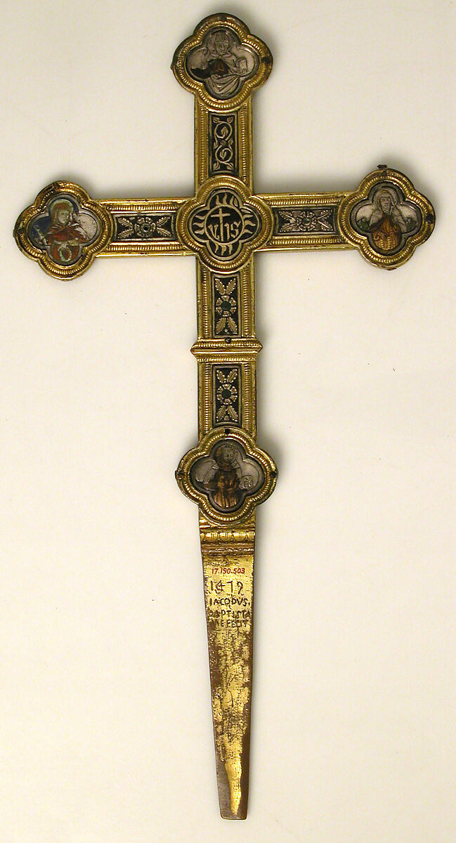 Processional Cross, Basse taille enamel, silver, silver-gilt, niello, copper-gilt, Italian 