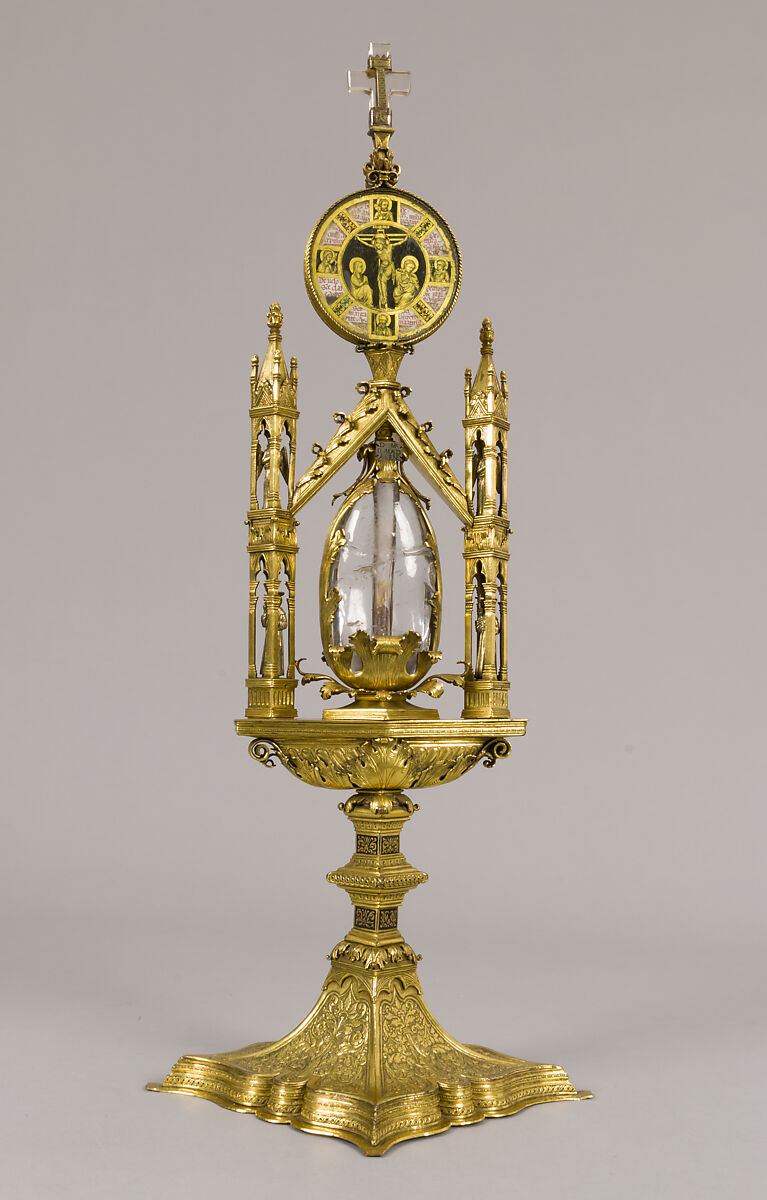 Reliquary of Mary Magdalene, Gilded copper, gilded silver, rock crystal, verre églomisé, and a tooth (possibly human), North Italian