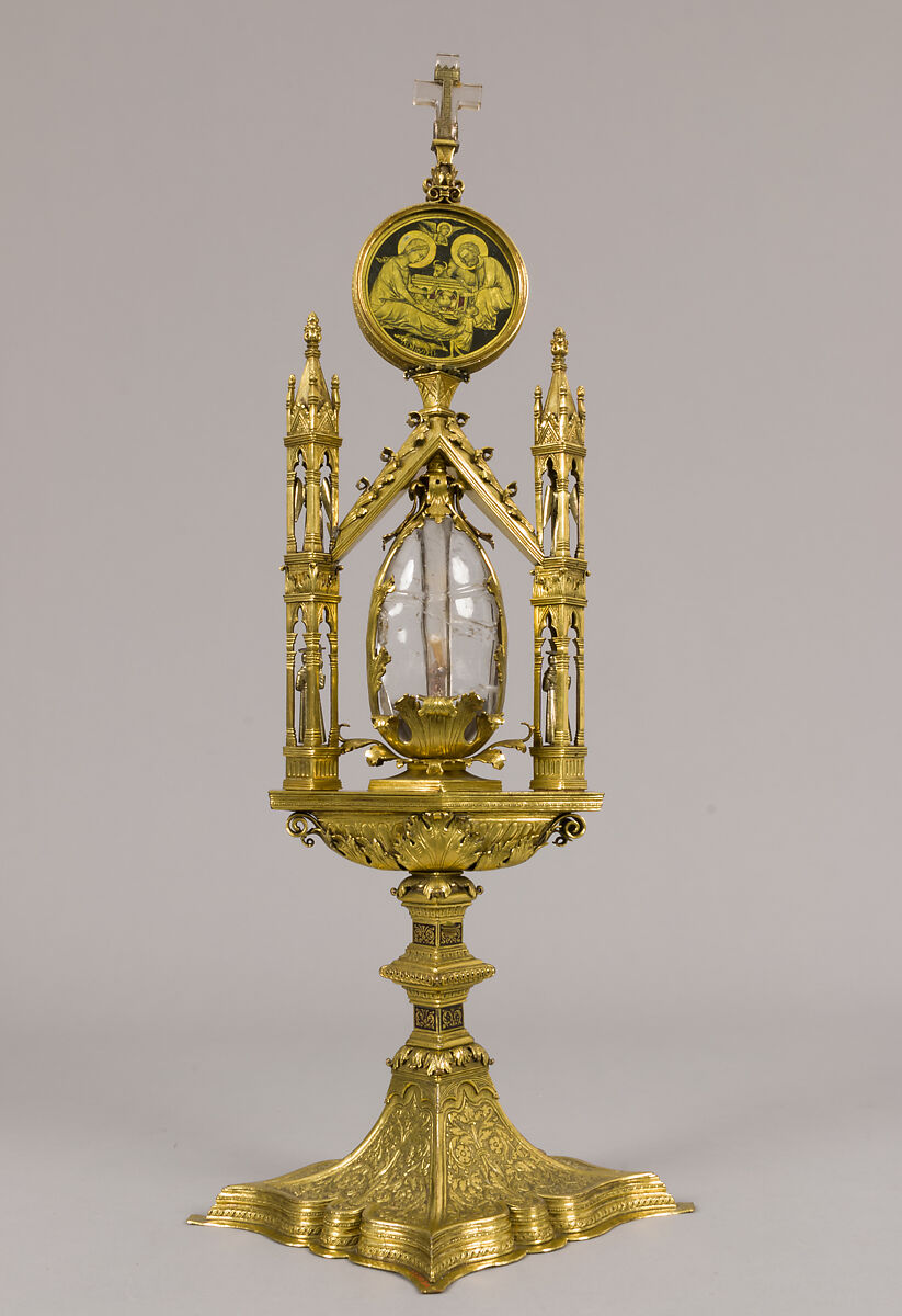 Reliquary of Mary Magdalene, Gilded copper, gilded silver, rock crystal, verre églomisé, and a tooth (possibly human), North Italian