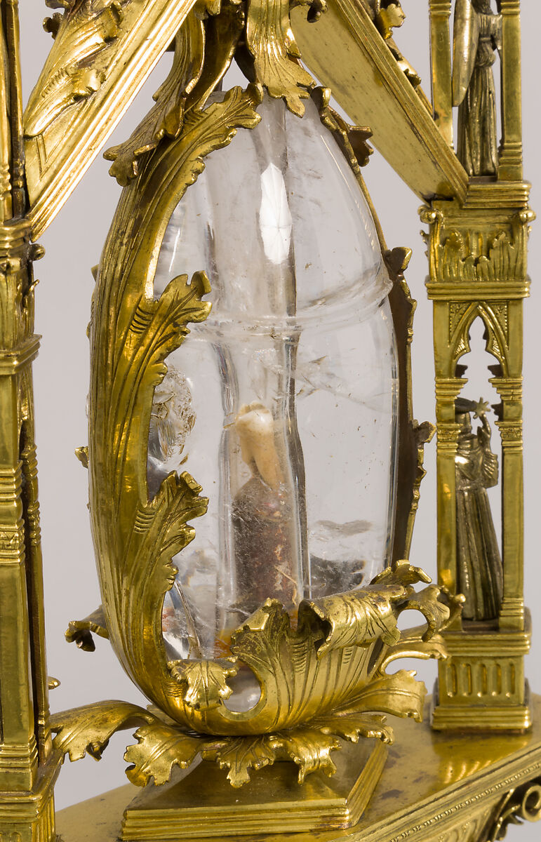 Reliquary of Mary Magdalene, Gilded copper, gilded silver, rock crystal, verre églomisé, and a tooth (possibly human), North Italian