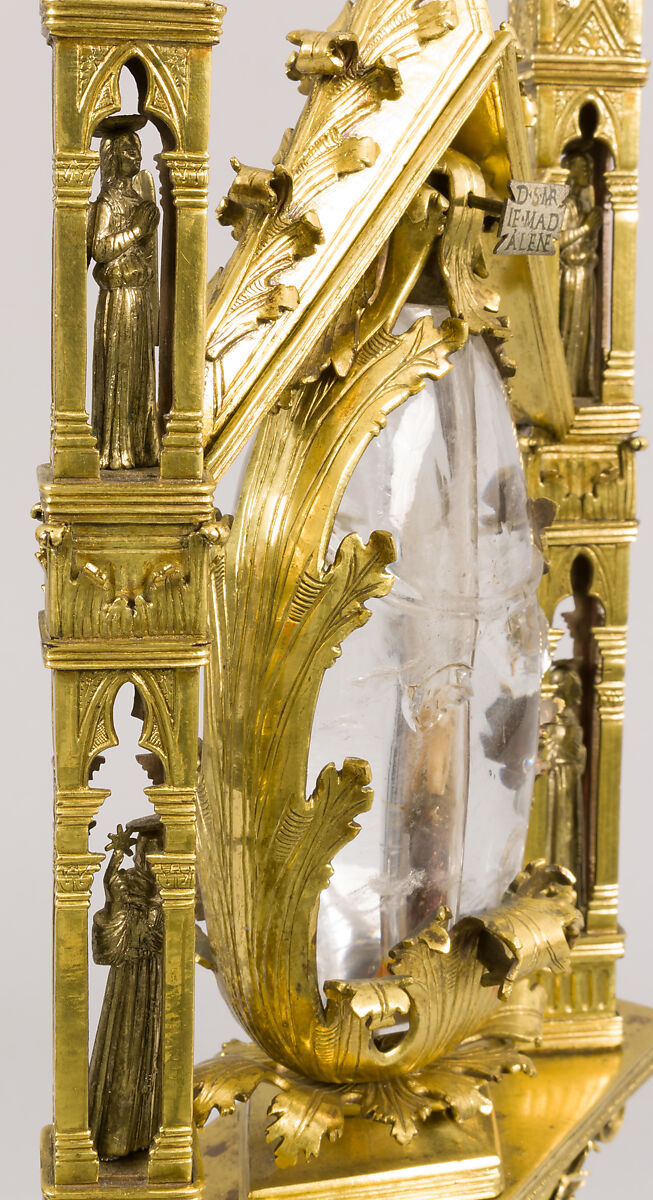Reliquary of Mary Magdalene, Gilded copper, gilded silver, rock crystal, verre églomisé, and a tooth (possibly human), North Italian