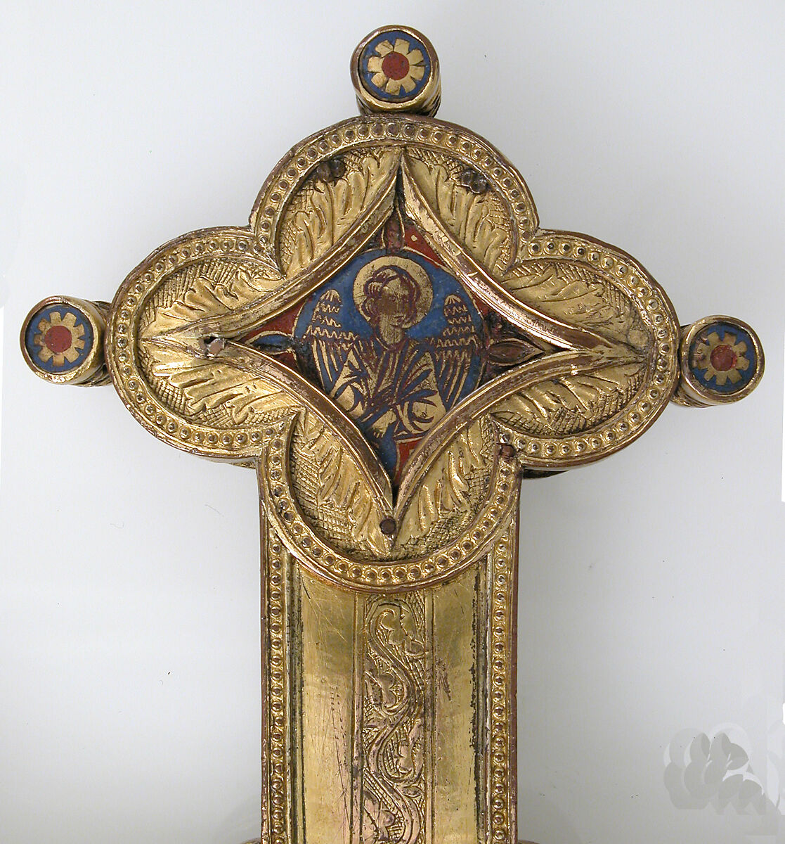 Cross, Gilt copper, champlevé enamel, glass and stone cabochons, Italian