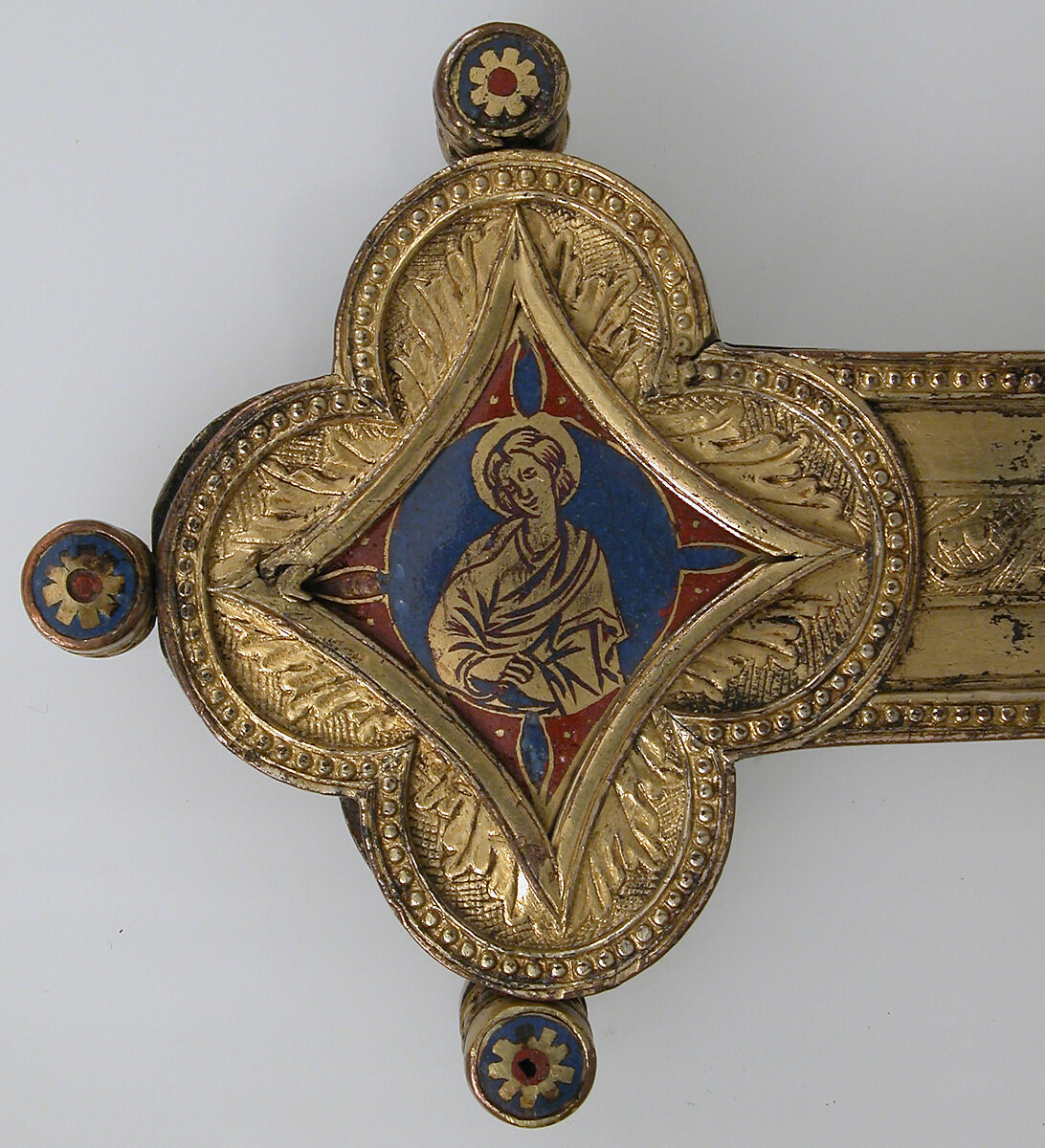 Cross, Gilt copper, champlevé enamel, glass and stone cabochons, Italian