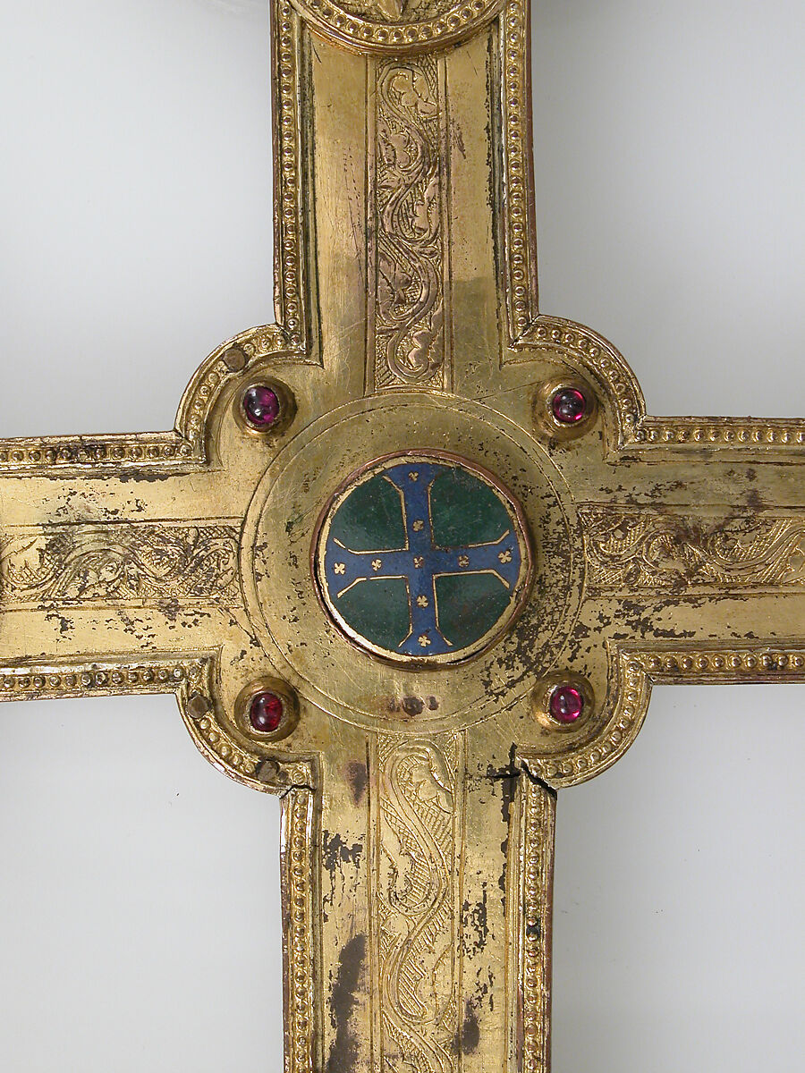Cross, Gilt copper, champlevé enamel, glass and stone cabochons, Italian