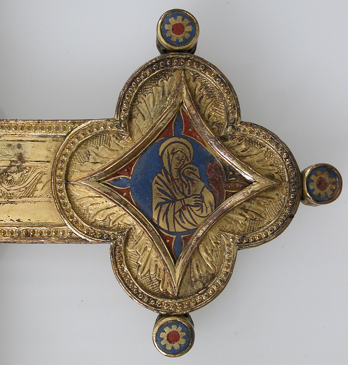 Cross, Gilt copper, champlevé enamel, glass and stone cabochons, Italian