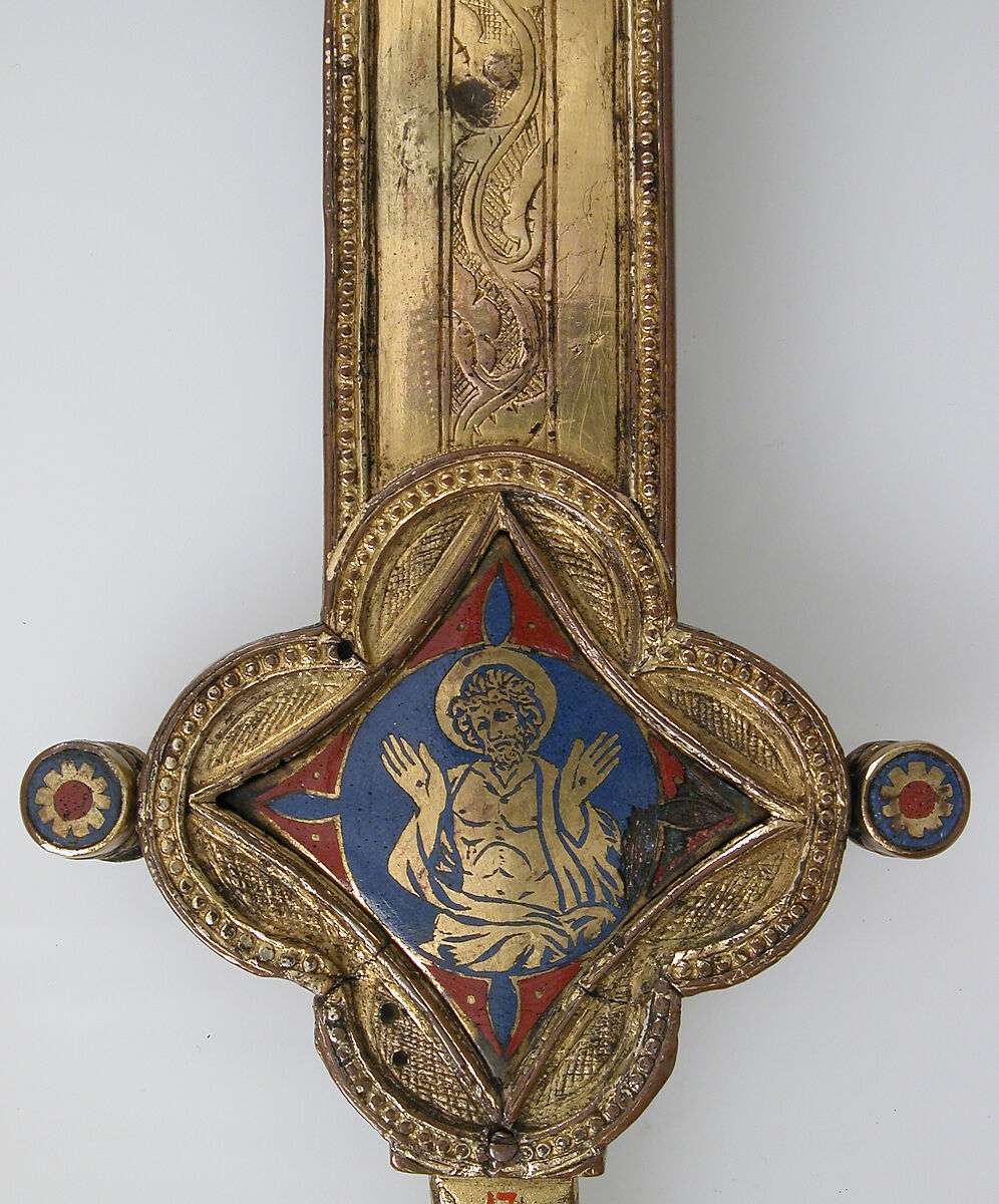 Cross, Gilt copper, champlevé enamel, glass and stone cabochons, Italian