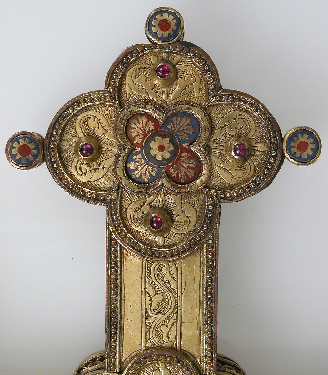 Cross, Gilt copper, champlevé enamel, glass and stone cabochons, Italian
