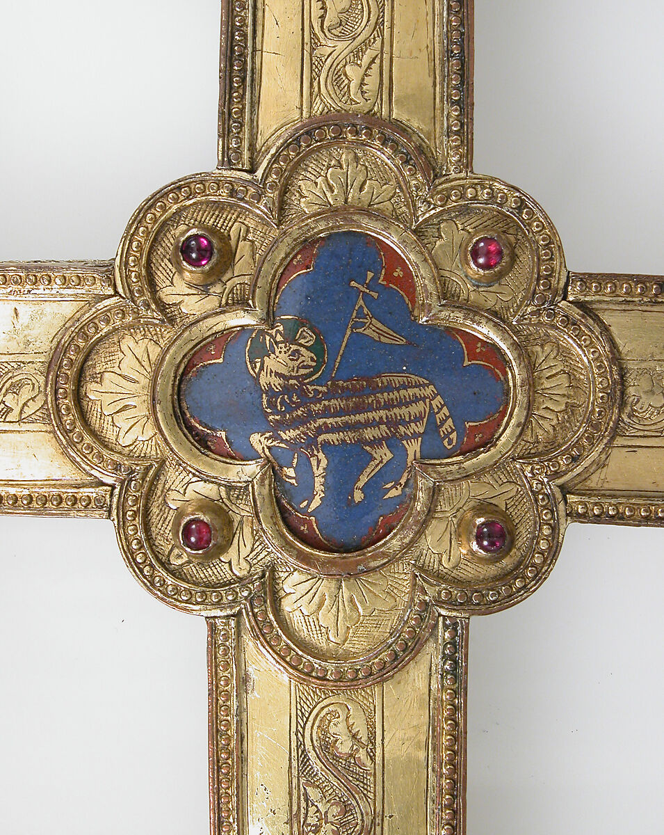 Cross, Gilt copper, champlevé enamel, glass and stone cabochons, Italian