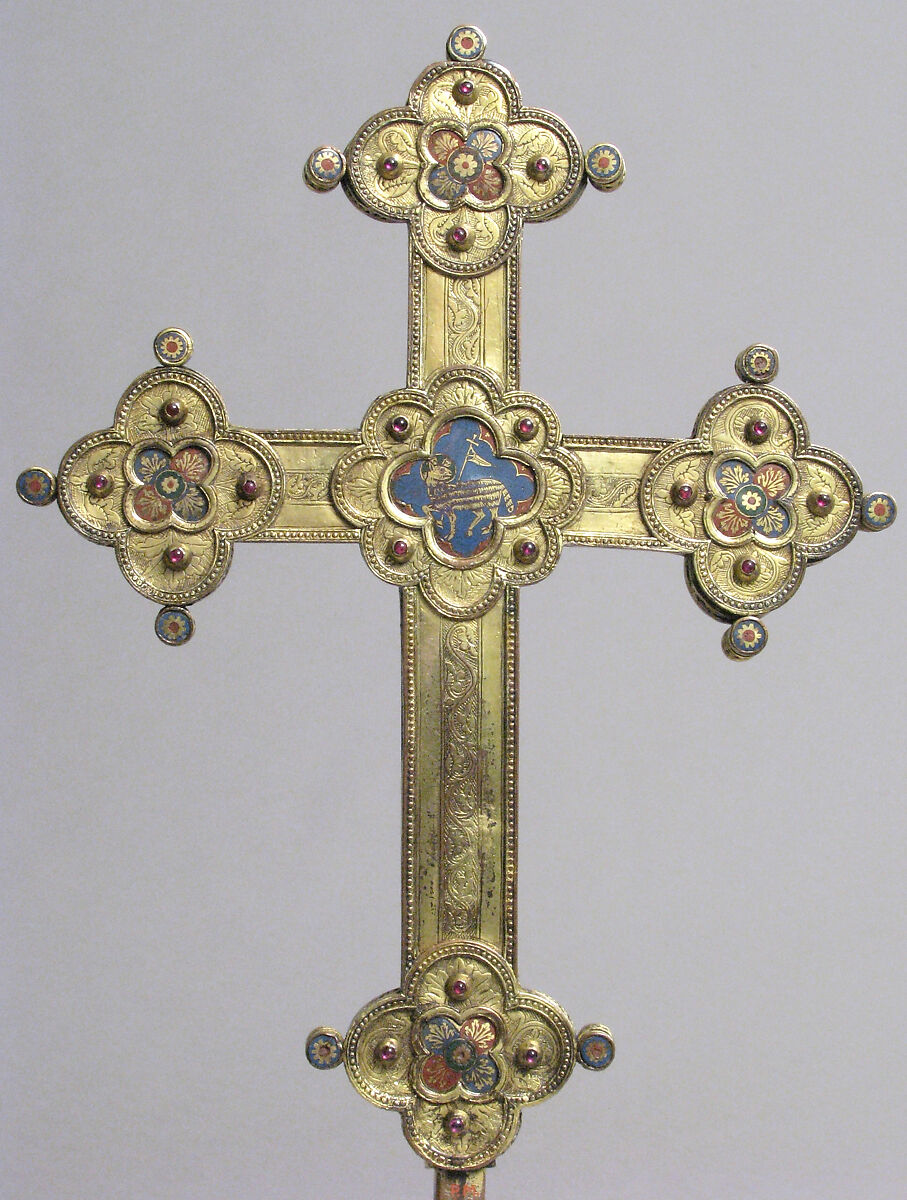 Cross, Gilt copper, champlevé enamel, glass and stone cabochons, Italian