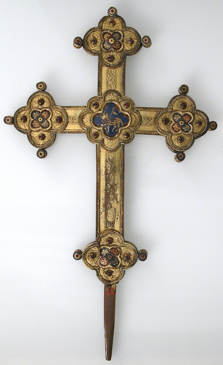 Cross, Gilt copper, champlevé enamel, glass and stone cabochons, Italian
