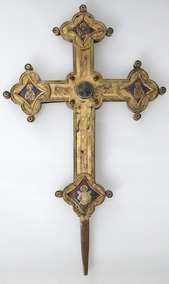 Cross, Gilt copper, champlevé enamel, glass and stone cabochons, Italian