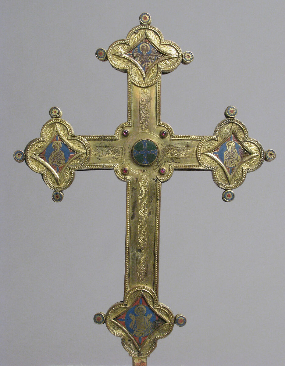 Cross, Gilt copper, champlevé enamel, glass and stone cabochons, Italian 