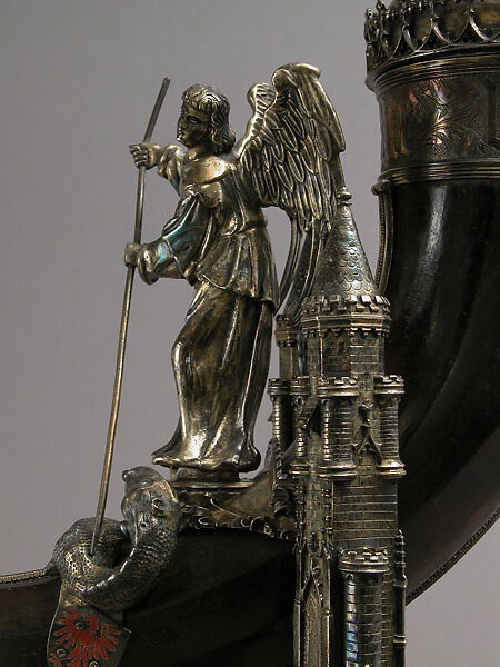 Drinking Horn, Workshop of Louis Marcy (Luigi Parmeggiani) (Italian, 1860–1945) (?), Horn, silver, enamel, French