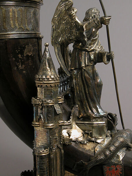 Drinking Horn, Workshop of Louis Marcy (Luigi Parmeggiani) (Italian, 1860–1945) (?), Horn, silver, enamel, French