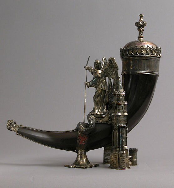 Drinking Horn, Workshop of Louis Marcy (Luigi Parmeggiani) (Italian, 1860–1945) (?), Horn, silver, enamel, French 